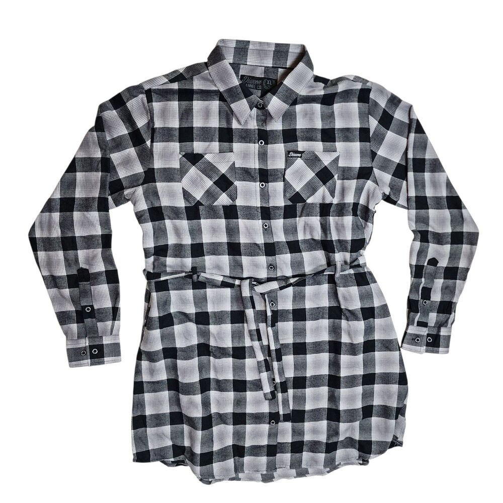 Dixxon Flannel Womens XL Dress Mickey Black Gray Plaid Button Up Long Sleeve
